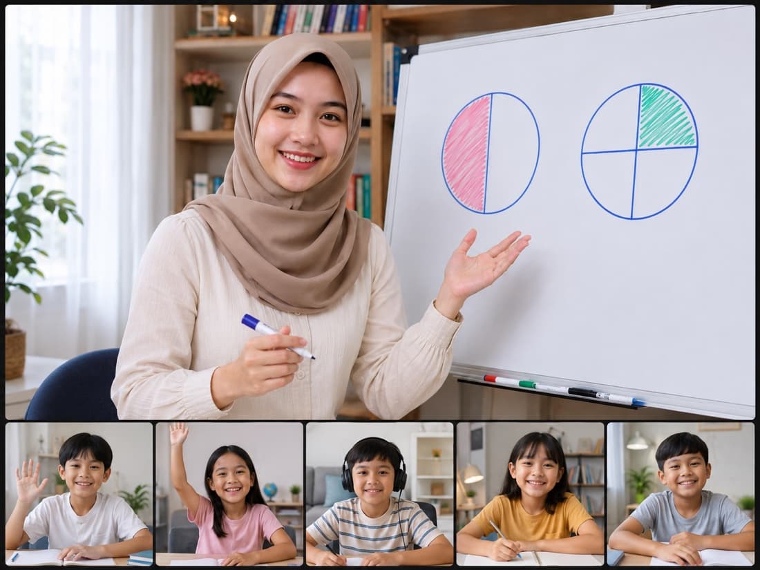 Suasana kelas live Edunesia โ tutor menerangkan pecahan di papan tulis, lima murid mengikuti dari rumah lewat video call