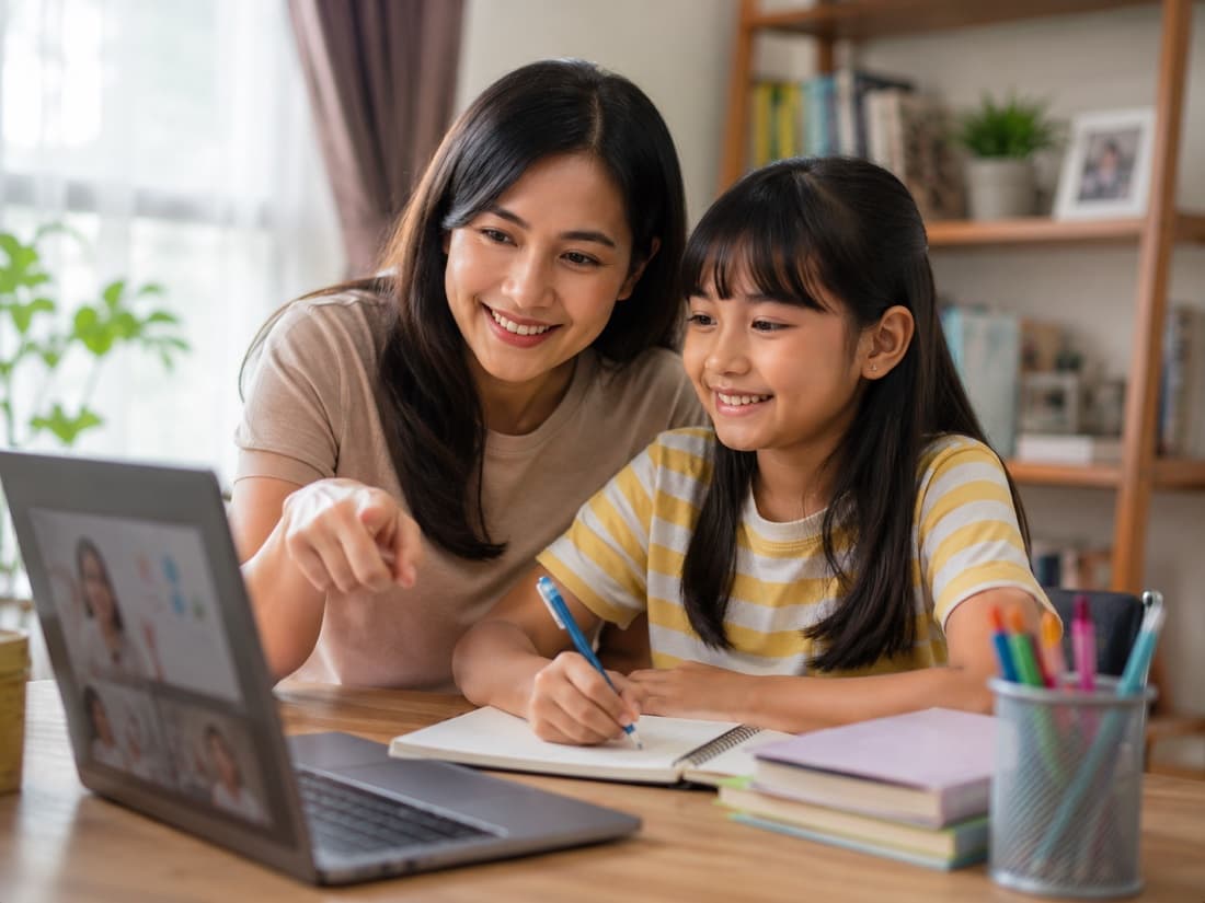 Anak belajar online dari rumah didampingi Bunda โ mengikuti kelas live Edunesia lewat laptop
